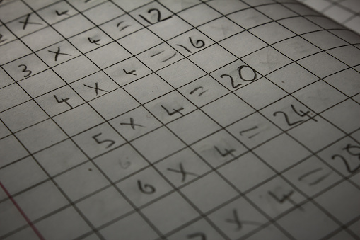 View of elementary grade math and multiplication table. Selective focus