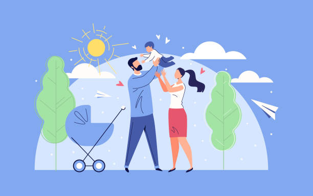 ilustraciones, imágenes clip art, dibujos animados e iconos de stock de felices padres lanzando al niño al cielo. - vector fun family healthy lifestyle