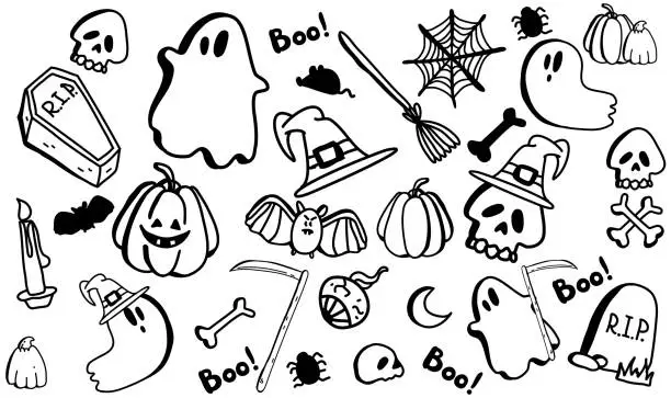 Vector illustration of Vector set of halloween clipart. Funny, cute illustration for seasonal design, textile, decoration kids playroom or greeting card. Hand drawn prints and doodle.