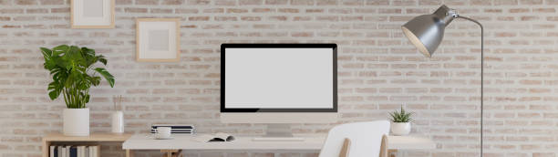 istock 3D rendering, office desk with computer, supplies and decorations in office room, 3D illustration 1304840534