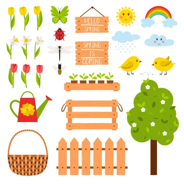 Vector illustration of Collection of design elements on the theme of spring. Tulips, chickens, seedlings in a box, baskets, watering can. A set of vector illustrations in a flat style. Isolated on a white background