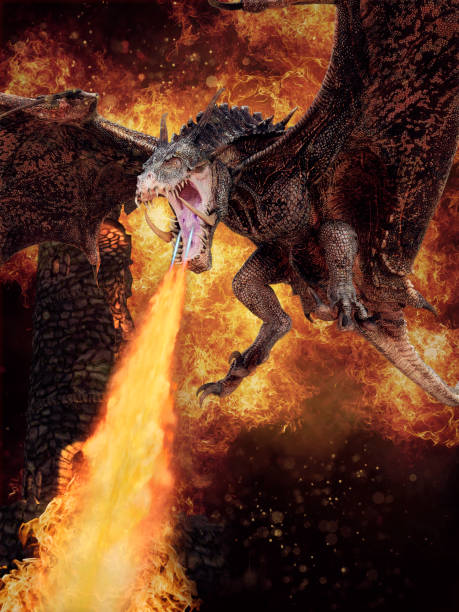istock Fantasy dragon breathing fire in a dark landscape 1304843036
