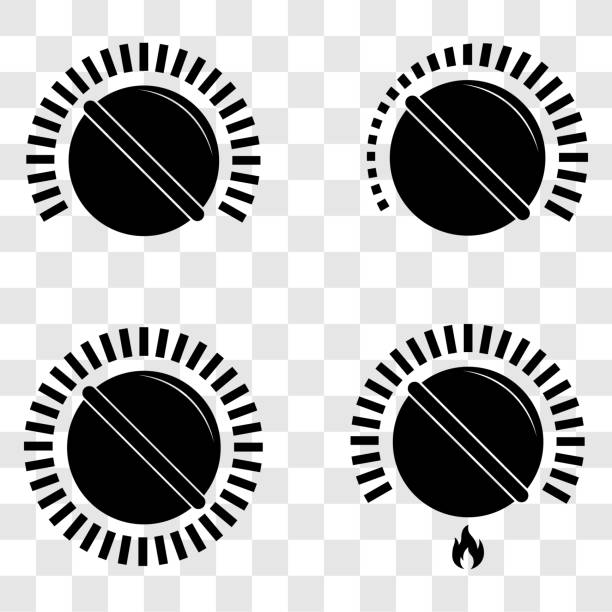 Black cooking stove heat knobs icon set. Kitchen gas dial symbol. Isolated vector illustration on transparent background. Black cooking stove heat knobs icon set. Kitchen gas dial symbol. Isolated vector illustration on transparent background. knob stock illustrations