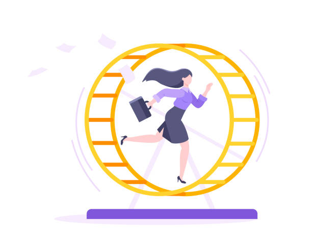 Rat race business concept with businesswoman running in hamster wheel working hard and always busy flat style design vector illustration. Rat race business concept with businesswoman running in hamster wheel working hard and always busy flat style design vector illustration. Tired workaholic in the loop routine trying to improve career. rat race stock illustrations