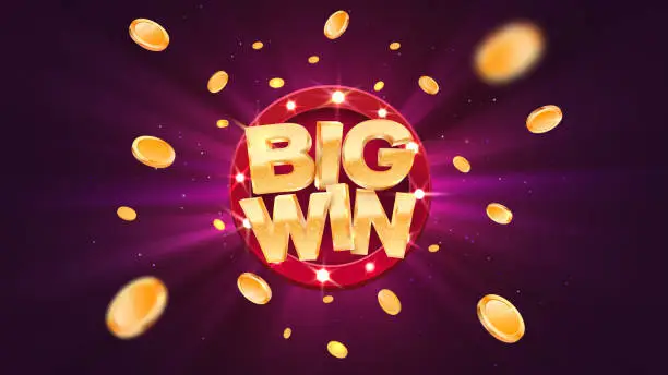 Vector illustration of Big win gold text on retro red board vector banner. Win congratulations in frame illustration for casino or online games. Explosion coins  on purple background.