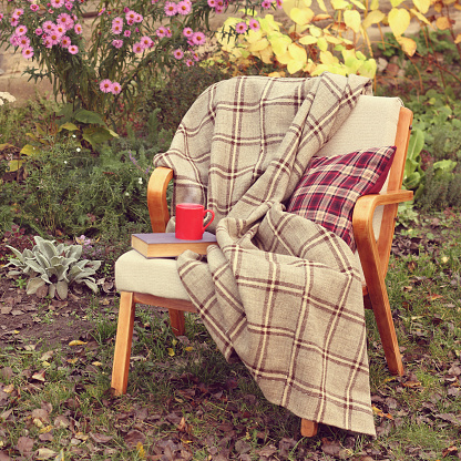 retro armchair with a blanket, a pillow, a book and a cup of coffee in the courtyard of the house against the background of a flower bed