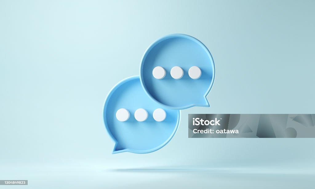 Two bubble talk or comment sign symbol on blue background. Two bubble talk or comment sign symbol on blue background. 3d render. Discussion Stock Photo