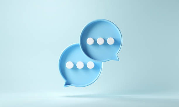 Two bubble talk or comment sign symbol on blue background. Two bubble talk or comment sign symbol on blue background. 3d render. three dimensional stock pictures, royalty-free photos & images