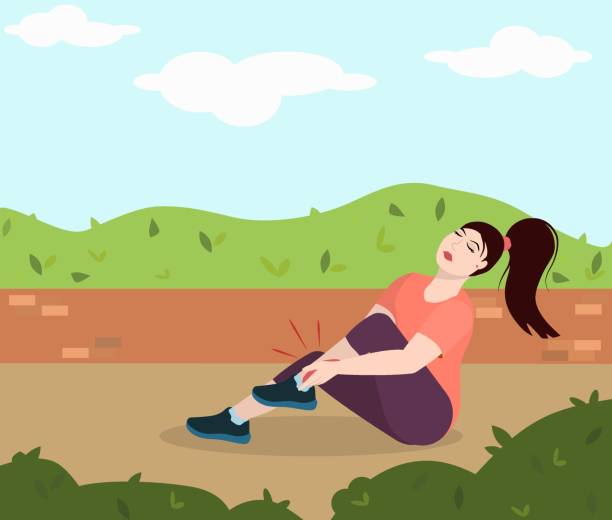 bildbanksillustrationer, clip art samt tecknat material och ikoner med en ung brunettkvinna sitter på marken i en park och håller fast vid ett ömt ben som skadats under löpning. konceptet med en hälsosam livsstil och skador under sport - runner holding legs