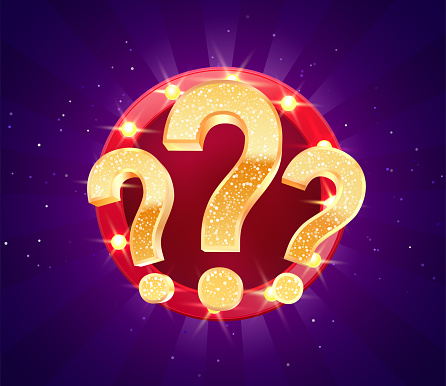 Winning gifts in lottery. Grand drawing. Mistery gift question marks on retro illuminated board vector illustration.