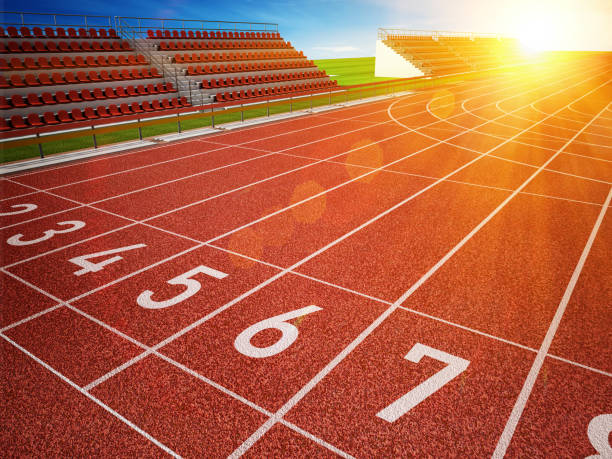 istock 3D illustration of running track showing start line, top view 1304853522