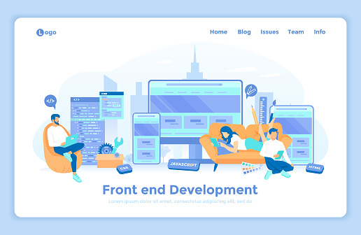 Frontend Development, Creating a site layout, template. The programmer is developing a website UI UX interface on monitor screen, tablet, phone. landing web page design template decorated with people