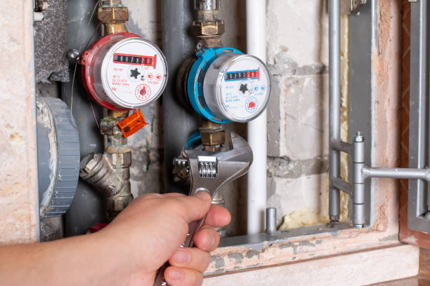istock Plumber's hands with wrench while repairing pipes 1304854492