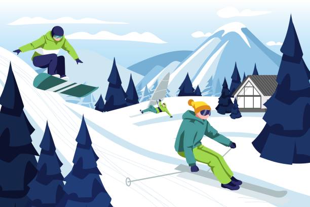 menschen skifahren und snowboarden im skigebiet - skiing ski winter sport freestyle skiing stock-grafiken, -clipart, -cartoons und -symbole