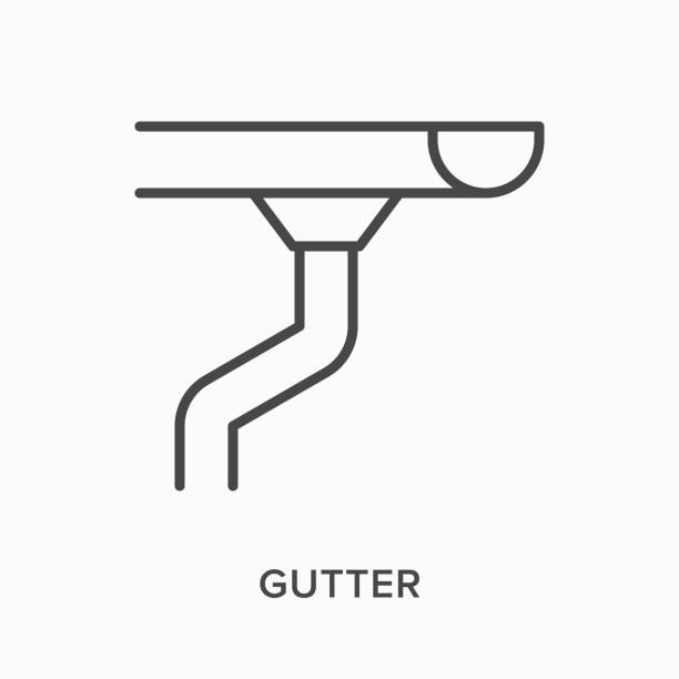 Gutter flat line icon. Vector outline illustration of pipe. Black thin linear pictogram for rain drainage Gutter flat line icon. Vector outline illustration of pipe. Black thin linear pictogram for rain drainage. steel gutters stock illustrations