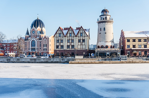 Kaliningrad, Russia, January 17, 2021, the architecture of the Fishing Village in Kaliningrad, Fish village-ethnographic and trade and craft center