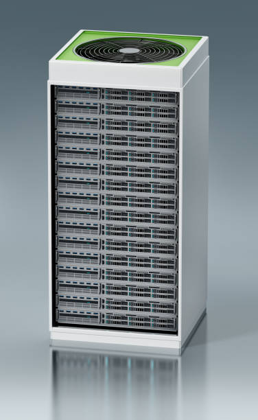 istock Data server rack cabinet with large fan on the top 1304860427