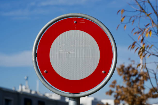 istock Traffic sign no entry with blue sky in the background. 1304860469