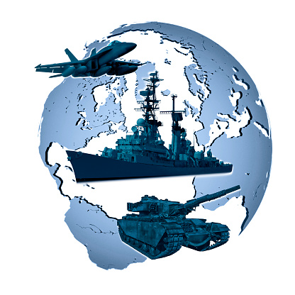 Fighter plane, battleship and tank in front of a globe