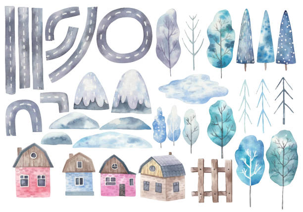 large set with elements of the city, roads, houses, trees, mountains, childrens illustration in watercolor large set with elements of the city, roads, houses, trees, mountains, childrens illustration in watercolor snow road stock illustrations