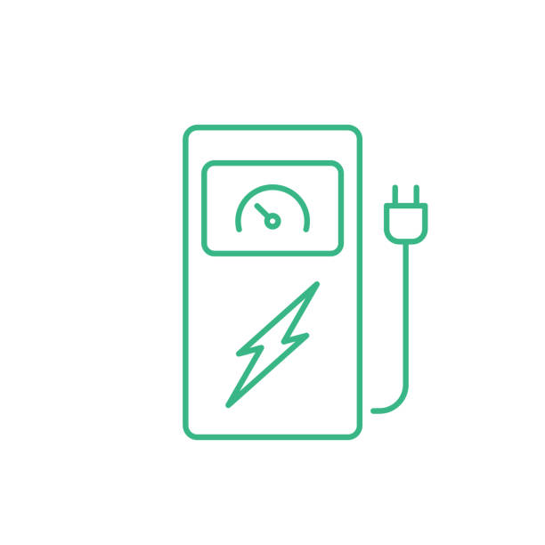 Electric car charging station line icon. Electric vehicles power station. Eco fuel charger with outlet. Power storage system. Green energy, zero emission concept. Vector illustration, flat, clip art. zero emission vehicle stock illustrations