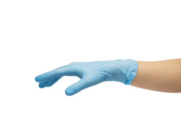 hand in blue nitril glove, isolated against a white background - nitril imagens e fotografias de stock