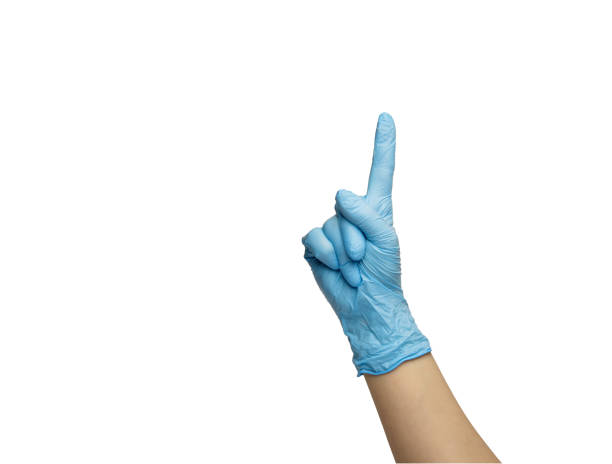 istock hand in blue glove shows gesture with fingers. isolated on a white background 1304867478