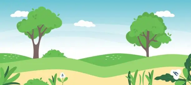 Vector illustration of Spring landscape in countryside with green meadow on hills and blue sky,