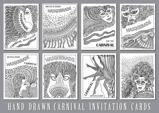 Vector set of abstract Masquerade, Mardi Gras holiday cards. Carnival Party invitation. Black and white hand drawn doodle sketch. Hand drawn ornaments, feathers, checkered texture Vector set of abstract Masquerade, Mardi Gras holiday cards. Carnival Party invitation. Black and white hand drawn doodle sketch. Hand drawn ornaments, feathers, checkered texture vintage garter belt stock illustrations