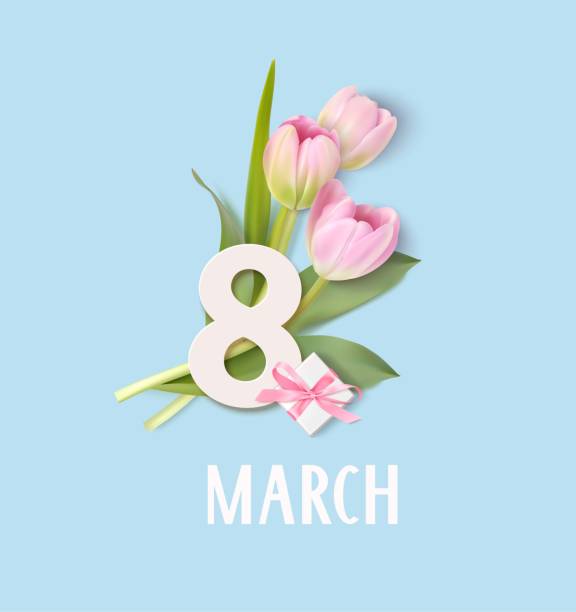 istock Happy Womens Day. 8 March design template. White number 8 with decorative gift box and pink tulip flowers. 1304868258