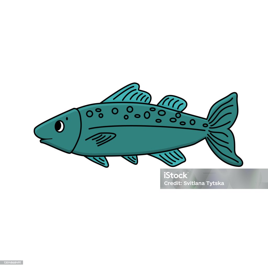 Blue Cute Vector Cartoon Tropical Fish Outline Animal Is Isolated ...