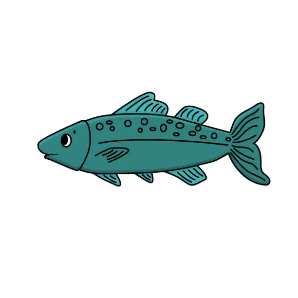 Vector illustration of Blue cute vector cartoon tropical fish. Outline Animal is isolated on white background. Eyes and mouth are visible.