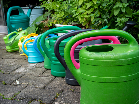 colorful watering cans at the garden