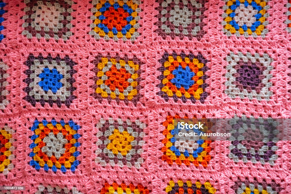 Granny Squares Background Crocheted vintage granny squares afghan Blanket Stock Photo