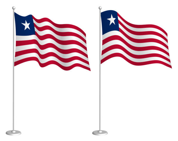istock flag of liberia on flagpole waving in wind. Holiday design element. Checkpoint for map symbols. Isolated vector on white background 1304872317