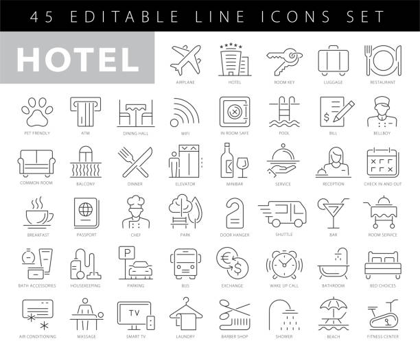 stockillustraties, clipart, cartoons en iconen met de pictogrammen van de lijn van het hotel. bewerkbare lijn. pixel perfect. voor mobiel en web. bevat pictogrammen zoals hotel, service, luxe, hotelreceptie, taxi, restaurant, bed, handdoek, ondersteuning, zwembad, bad, locatie, strand, sleutel, ontbijt, re - hotel