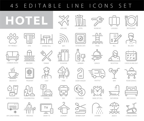 ikony linii hotelowych. edytowalny obrys. pixel perfect. dla urządzeń mobilnych i sieci web. zawiera takie ikony jak hotel, usługa, luksus, recepcja hotelowa, taksówka, restauracja, łóżko, ręcznik, wsparcie, basen, wanna, lokalizacja, plaża, klucz - hotel stock illustrations