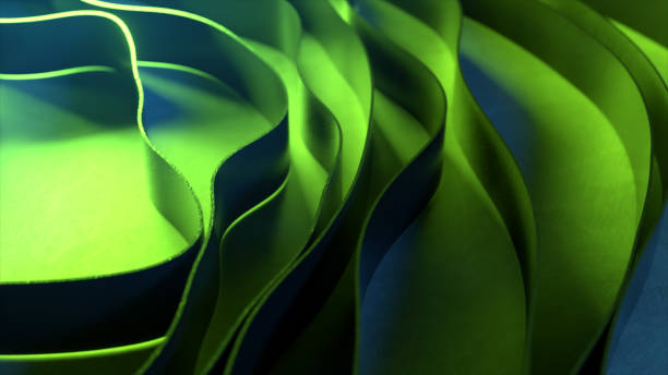 istock Dynamic animation of abstract stripes interacting with each other. Circular wave. Green neon lighting. 3d illustration 1304873778