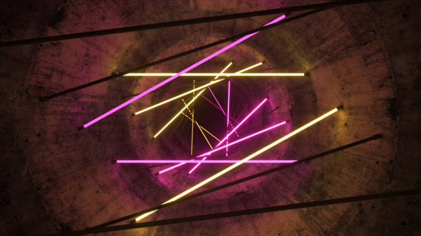 istock Flying in a concrete tunnel with neon lighting. Halogen lamps. Abstract background. Modern yellow pink spectrum. 3d illustration 1304873810