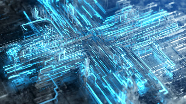 istock Abstract technological background from a fiber optic glowing beam spreading in the digital space. Data transmission in the futuristic industry. Colorful blue digitalization process. 3d illustration 1304873836