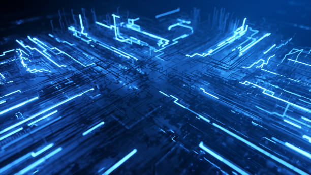istock Abstract technological background from a fiber optic glowing beam spreading in the digital space. Data transmission in the futuristic industry. Colorful blue digitalization process. 3d illustration 1304873843