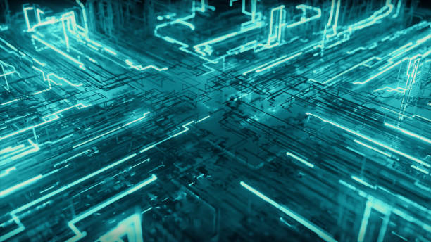 istock Abstract technological background from a fiber optic glowing beam spreading in the digital space. Data transmission in the futuristic industry. Colorful blue digitalization process. 3d illustration 1304873848