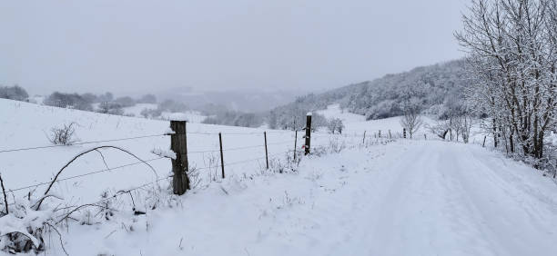 istock Winter landscape. Snowy road on a winter day 1304874668