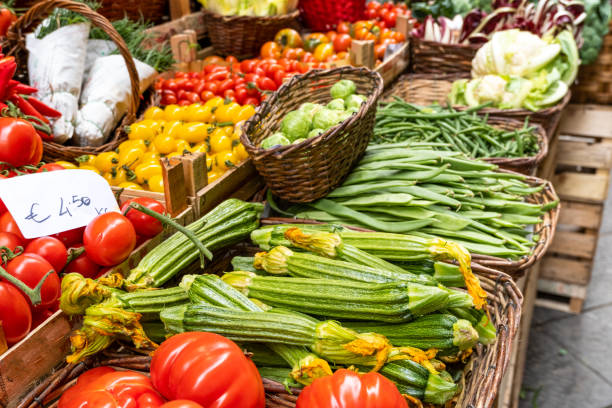 istock Broccoli, zucchini, green beans, brussels sprouts and red tomatoes in baskets 1304877535