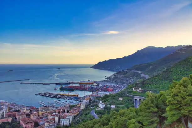 Port of Salerno seen from above with vegetation, sea and ships