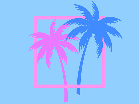 Two palm trees blue and pink color in a square frame. Retro style of the 80s. Design for advertising brochures, banners, posters, travel agencies. Vector illustration