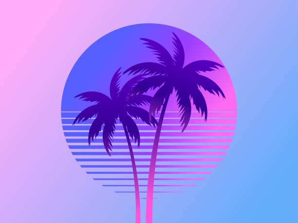 兩棵棕櫚樹在日落80年代復古科幻風格。夏天的時間。未來派的太陽復古波。設計廣告宣傳冊，橫幅，海報，旅行社。向量插圖 - sunset 幅插畫檔、美工圖案、卡通及圖標