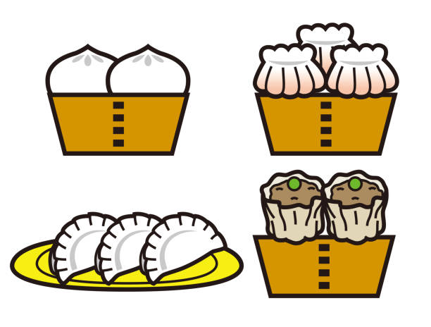 ilustraciones, imágenes clip art, dibujos animados e iconos de stock de conjunto de iconos de comida china. ilustración de bollo de carne, albóndigas de camarones, albóndigas, shumai (albóndigas chinas). - shumai