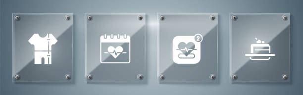 illustrations, cliparts, dessins animés et icônes de ensemble cake, mobile avec fréquence cardiaque, costume d’athlétisme heart and sport. panneaux de verre carrés. vecteur - cake symbol icon set computer icon