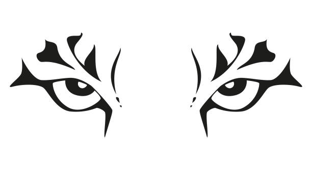 ilustraciones, imágenes clip art, dibujos animados e iconos de stock de ojos de tigre - ilustración de tatuaje vector en blanco y negro - gato montés